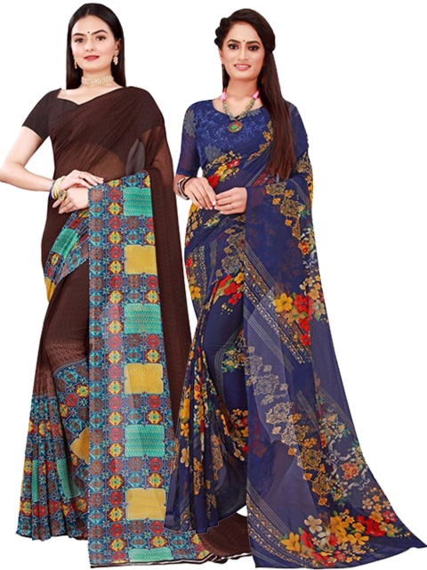 

SAADHVI Brown & Navy Blue Pure Georgette Saree