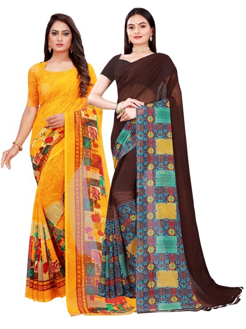 

SAADHVI Brown & Yellow Pure Georgette Saree