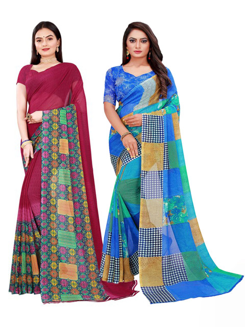 

SAADHVI Blue & Maroon Pure Georgette Saree