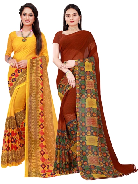 

SAADHVI Yellow & Brown Pure Georgette Saree