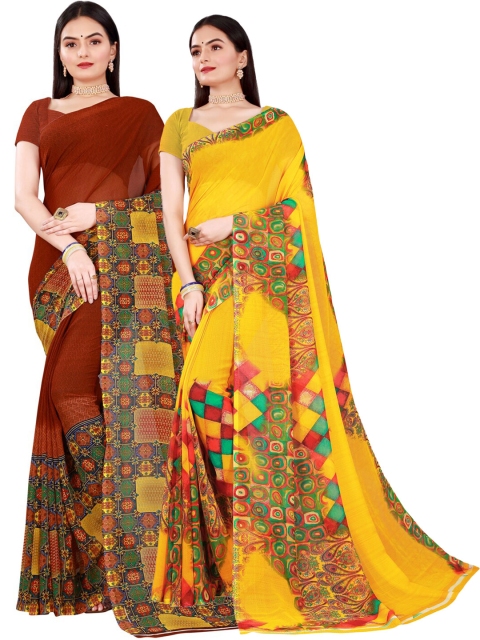 

SAADHVI Brown & Yellow Pure Georgette Saree