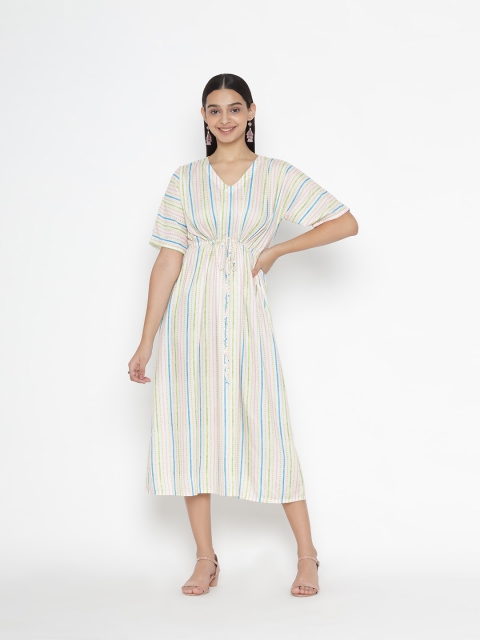 

SEW YOU SOON Cream-Coloured Striped A-Line Midi Dress