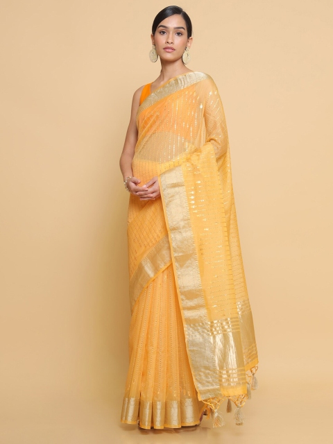 

Soch Yellow & Gold-Toned Embellished Embroidered Organza Heavy Work Saree