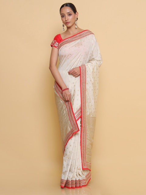 

Soch Cream-Coloured & Gold-Toned Woven Design Zari Silk Blend Heavy Work Saree