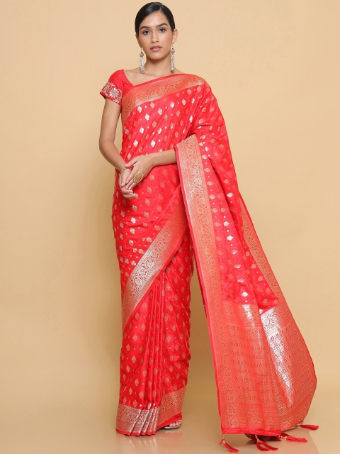 

Soch Red & Silver-Toned Floral Zari Silk Blend Heavy Work Saree