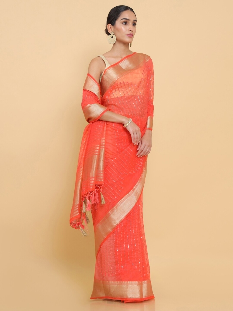 

Soch Orange & Gold-Toned Embellished Embroidered Organza Heavy Work Saree