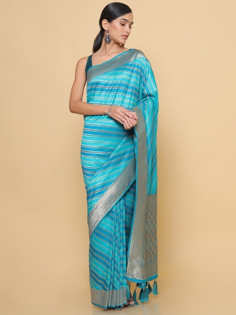 

Soch Blue & Silver-Toned Striped Zari Silk Blend Saree