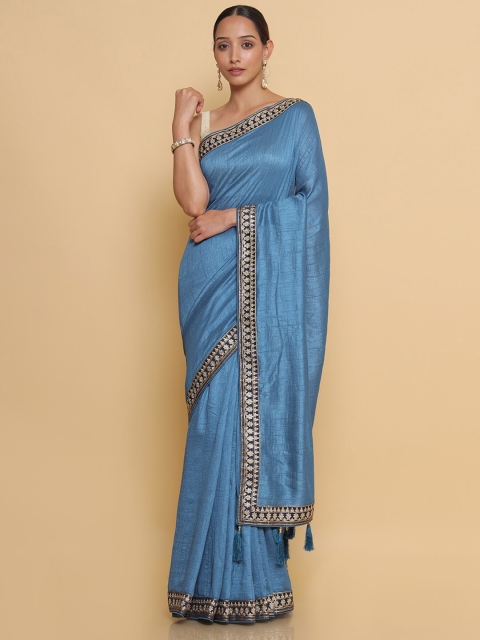 

Soch Blue & Gold-Toned Embroidered Silk Blend Heavy Work Saree