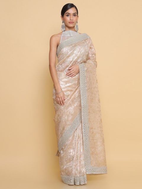 

Soch Peach-Coloured & Silver-Toned Floral Embroidered Organza Heavy Work Saree