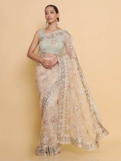 

Soch Peach-Coloured & Green Floral Embroidered Net Heavy Work Saree