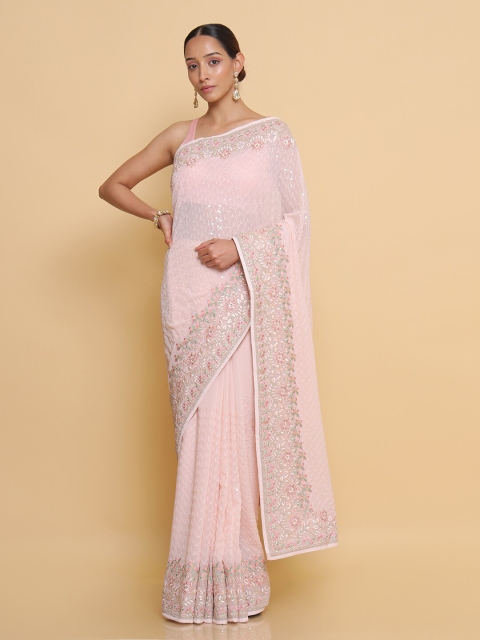 

Soch Pink & Silver-Toned Embellished Embroidered Pure Georgette Heavy Work Saree