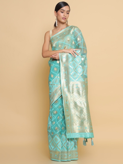 

Soch Sea Green & Gold-Toned Ethnic Motifs Zari Organza Heavy Work Saree