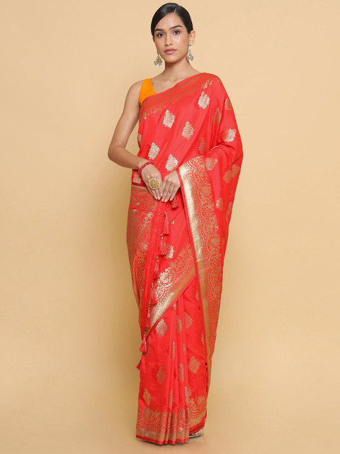 

Soch Red & Gold-Toned Floral Zari Silk Blend Saree