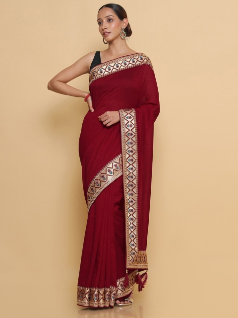 

Soch Maroon & Gold-Toned Embroidered Silk Blend Heavy Work Saree