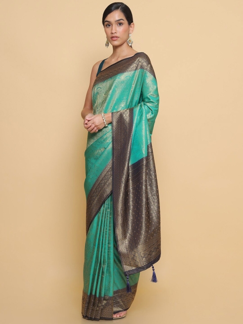 

Soch Green & Navy Blue Floral Zari Silk Blend Saree