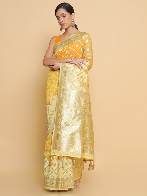 

Soch Yellow & Silver-Toned Woven Design Zari Organza Heavy Work Saree