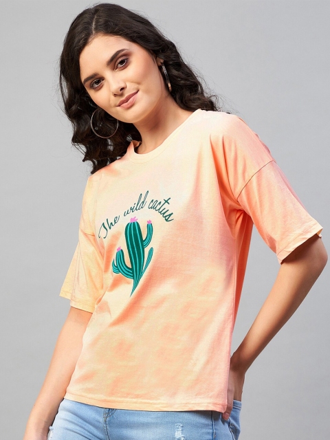 

CHIMPAAANZEE Women Peach-Coloured & almond cream Typography Printed T-shirt