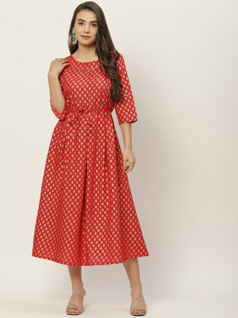 

INDYES Women Red Ethnic Motifs Ethnic Fit and Flare Midi Dress