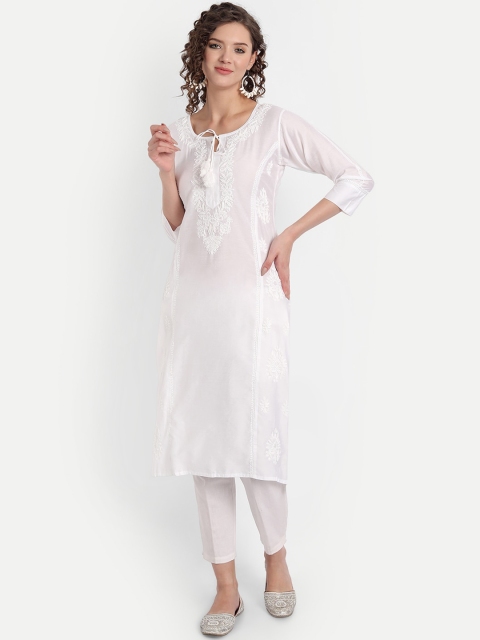 

Indiankala4u Women White Floral Embroidered Chikankari Chanderi Silk Kurta