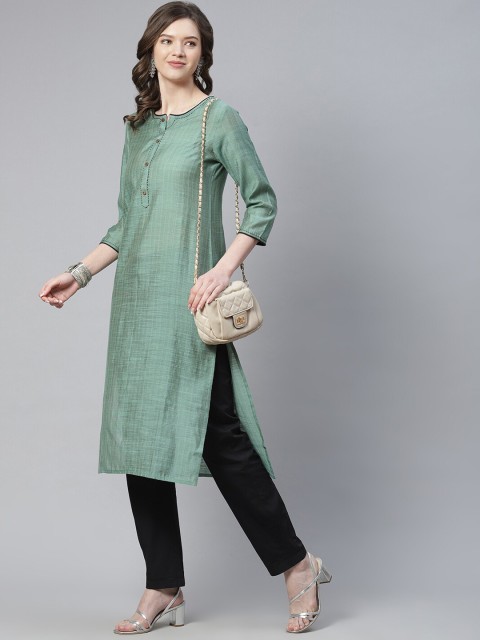 

INDYES Women Green Solid Round neck Chanderi Cotton Kurta