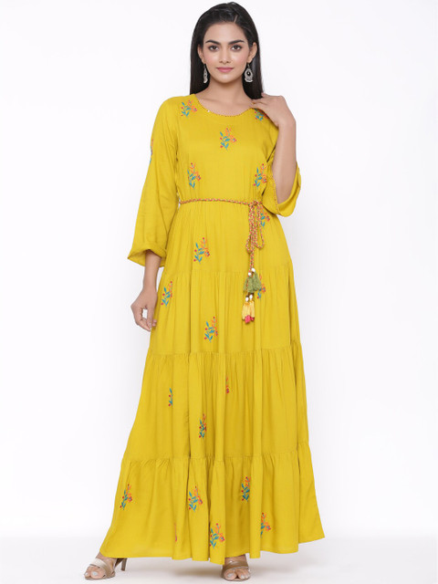 

fabGLOBAL Mustard Yellow Floral Embroidered Tiered Ethnic Maxi Dress