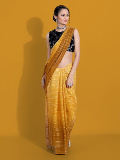 

awesome Orange & Silver-Toned Striped Sequined Saree