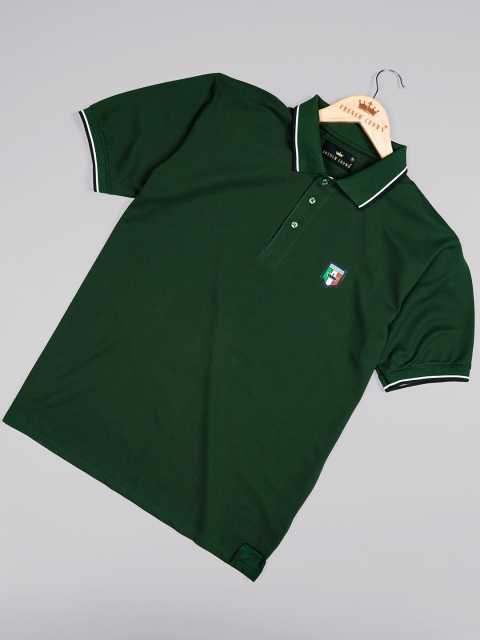 

FRENCH CROWN Men Green Mandarin Collar Applique T-shirt