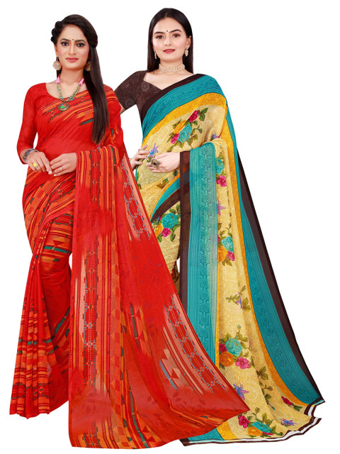 

KALINI Beige & Red Pure Georgette Saree