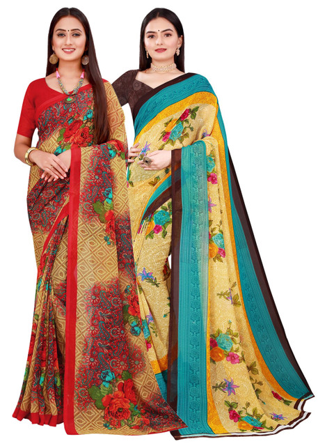 

KALINI Beige & Red Pure Georgette Saree