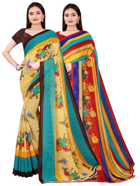

KALINI Pack Of 2 Beige & Blue Floral Pure Georgette Saree