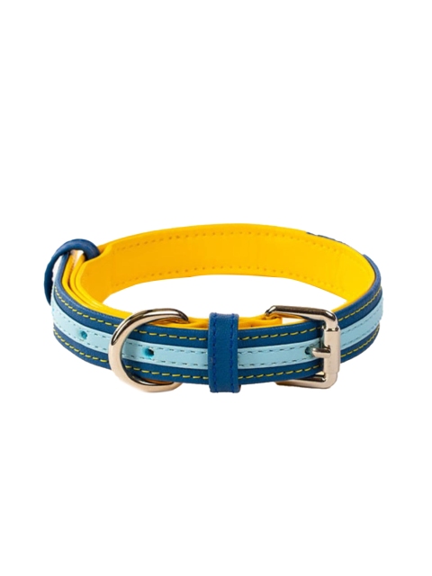

thepawpstarco Yellow & Blue Striped Leather Pet Collars