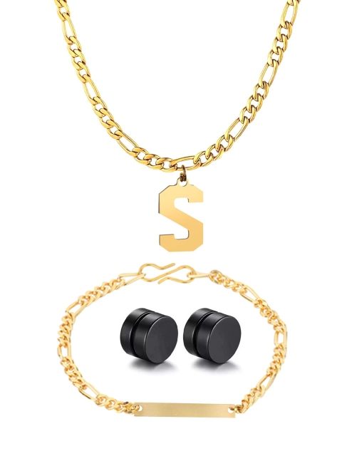 

Goldnera Men Gold-Plated Alphabet Pendant S With Ear Stud & Bracelet Combo