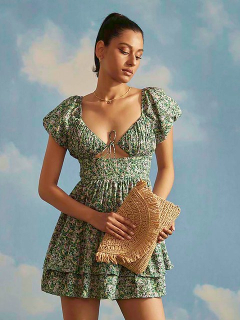 

THE CLOTHING FACTORY Women Green Floral Tie-Up Neck Dress