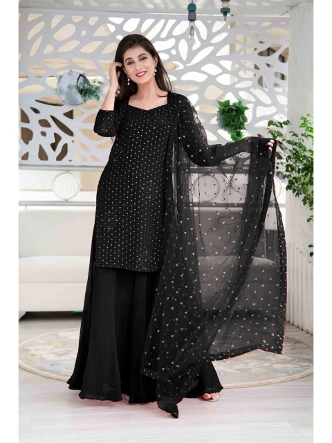 

Fashion Basket Black & Gold-Toned Embroidered Semi-Stitched Dress Material