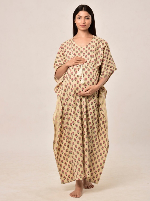 

CRAFIQA Cream-Coloured Printed Maternity & Nursing Maxi Nightdress