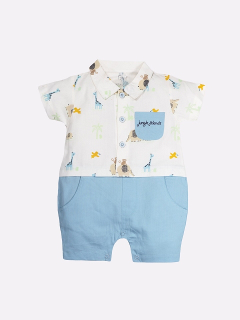 

BABY GO Infant Boys Blue & White Printed Pure Cotton Rompers