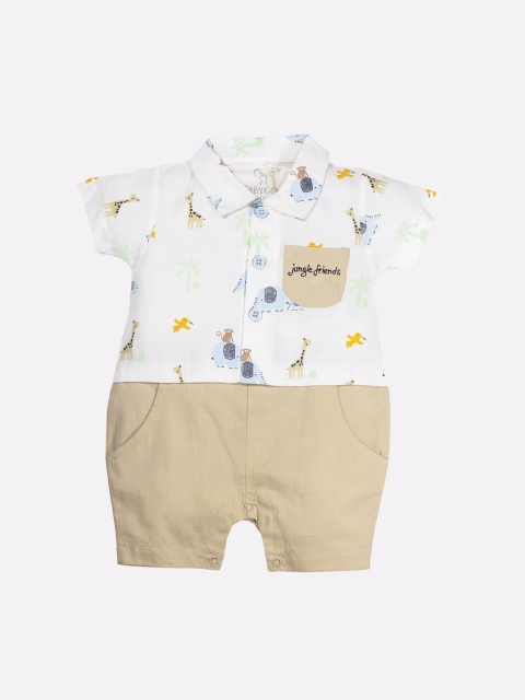 

BABY GO Boys Beige & White Printed Pure Cotton Rompers