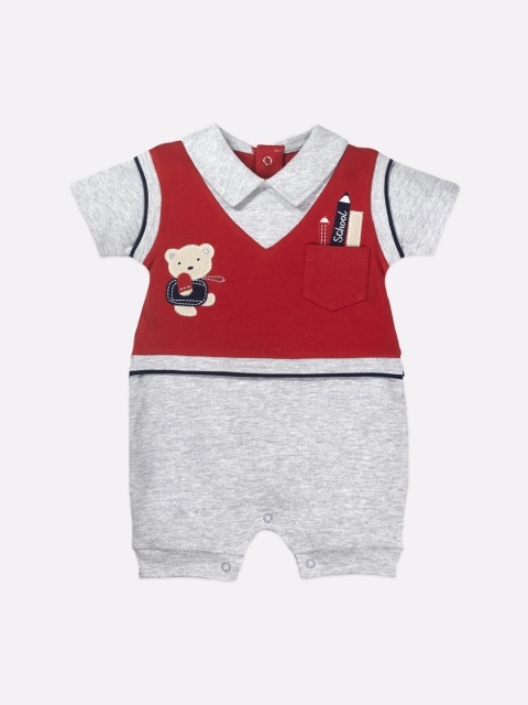 

BABY GO Boys Red & Grey Solid Cotton Rompers
