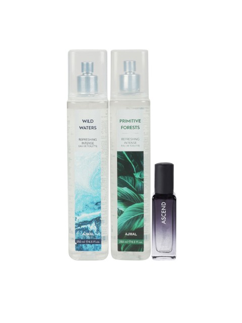 

Ajmal Wild Waters EDT 250 ml - Primitive Forests EDT 250 ml - Ascend Eau De Parfum 20 ml, Blue