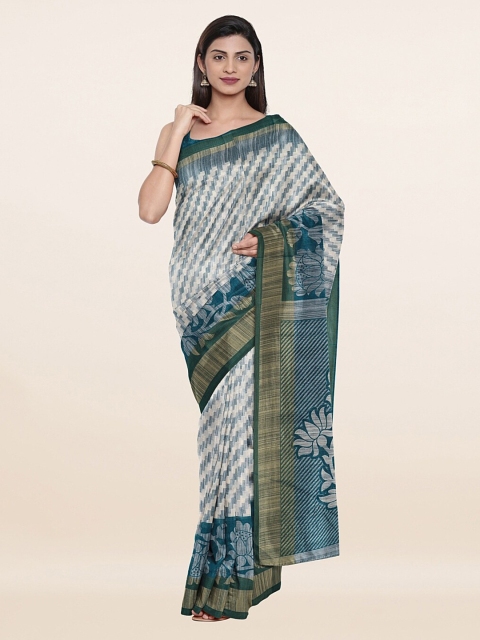 

Pothys Cream-Coloured & Blue Floral Zari Cotton Blend Saree