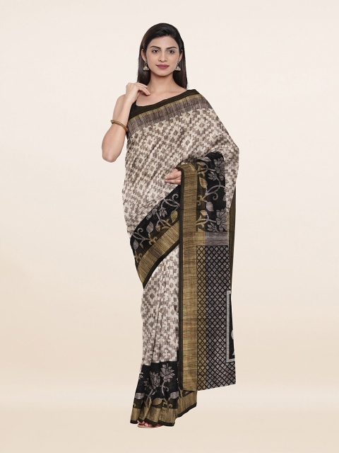 

Pothys Cream-Coloured & Black Floral Zari Saree