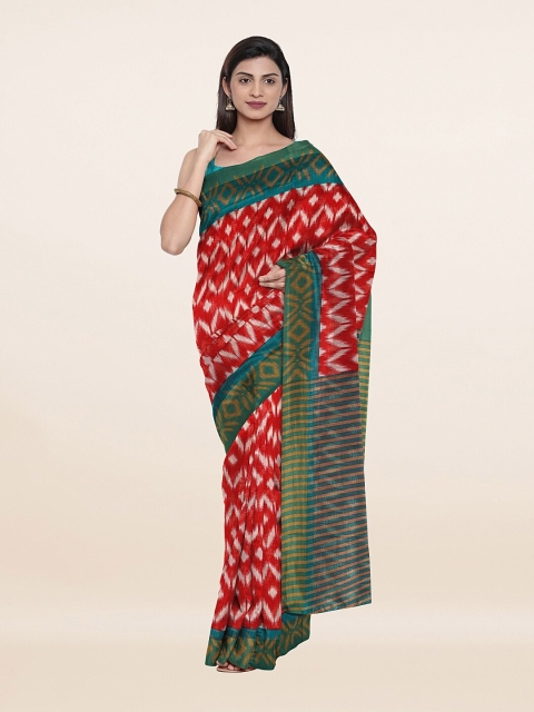 

Pothys Red & Green Printed Cotton Blend Zari Saree