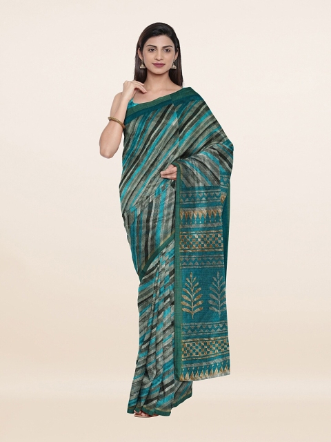 

Pothys Green & Cream-Coloured Striped Cotton Blend Saree