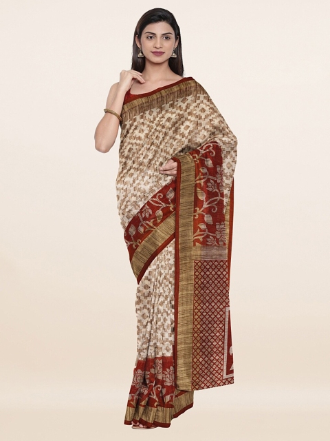 

Pothys Cream-Coloured & Maroon Floral Cotton Blend Zari Saree