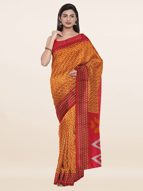 

Pothys Mustard & Red Cotton Blend Saree with Unstitched Blouse Piece