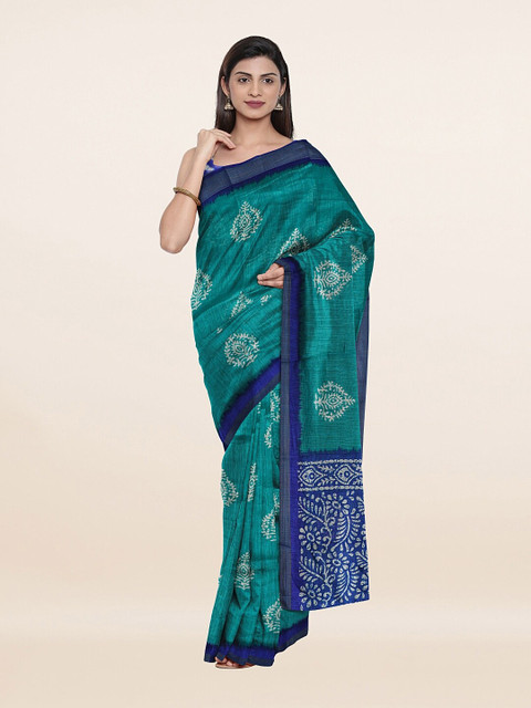 

Pothys Green & Blue Printed Floral Zari Saree