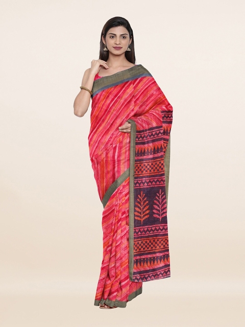 

Pothys Women Pink & Orange Geometric Printed Cotton Blend Zari Saree