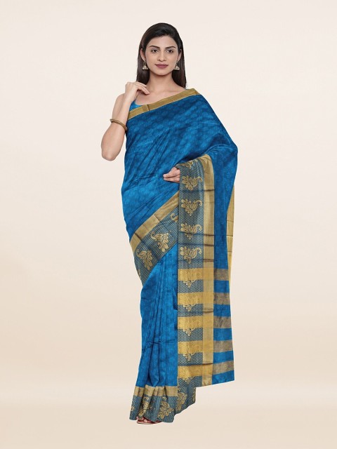 

Pothys Blue & Gold-Toned Woven Design Zari Cotton Blend Saree