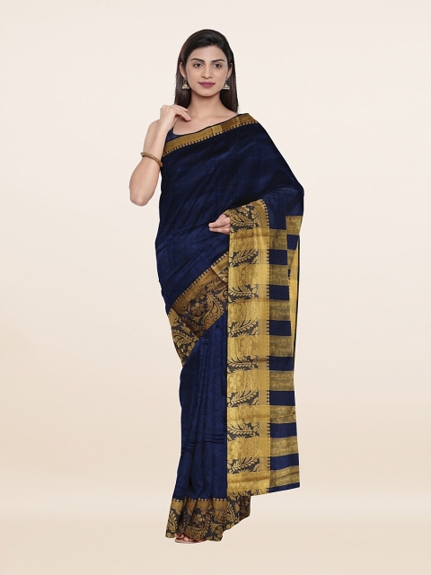 

Pothys Navy Blue & Gold-Toned Floral Zari Saree