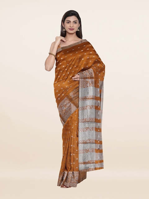 

Pothys Khaki & Silver-Toned Woven Design Zari Saree With Unstitched Blouse Piece